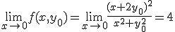 \lim_{x\to 0}f(x,y_0)=\lim_{x\to 0}\frac{(x+2y_0)^2}{x^2+y_0^2}=4
